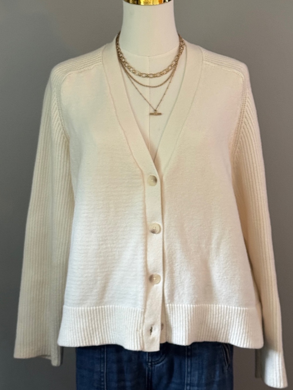 LOFT Cream V-Neck Button Cardigan